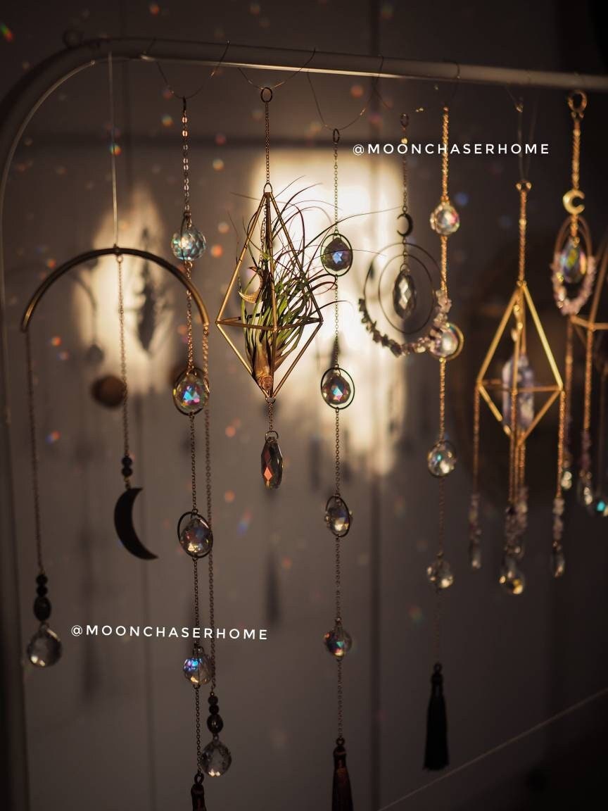 Luna crystal sun catcher with brass moons, rainbow prism, light diffuser, boho home decoration, housewarming gift