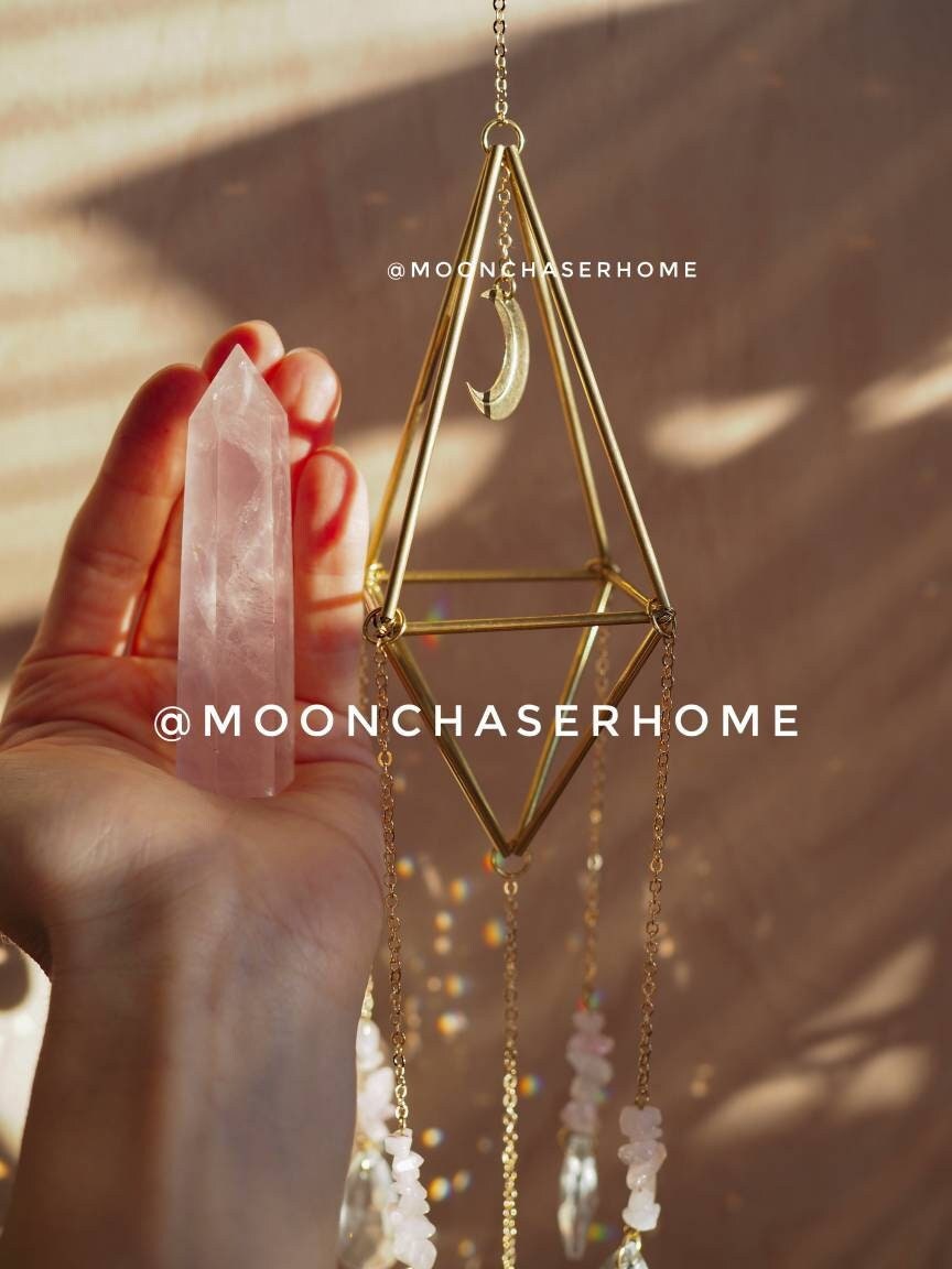 Rose quartz crystal sun catcher with moon pendant, rainbow prism, light diffuser, home decoration, housewarming gift, birthday gift