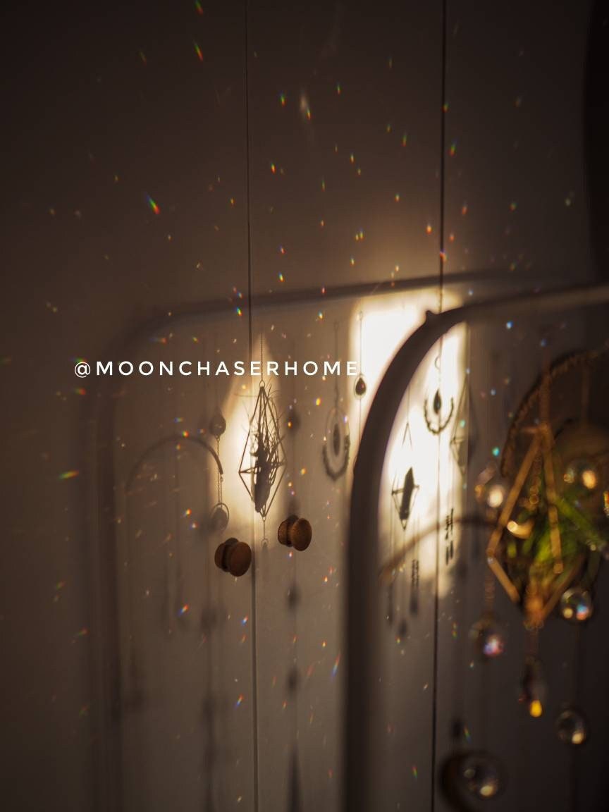 Rose quartz crystal sun catcher with moon pendant, rainbow prism, light diffuser, home decoration, housewarming gift, birthday gift