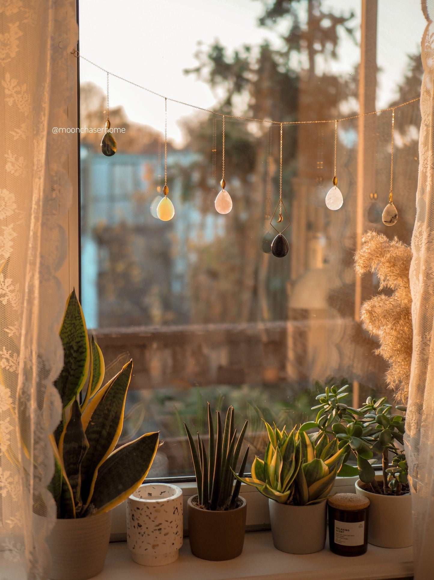 Yara crystal garland, wall hanging - moon wall decor- boho home decor- house jewelry-crystal- birthday gift-crystal grid-witchy home decor