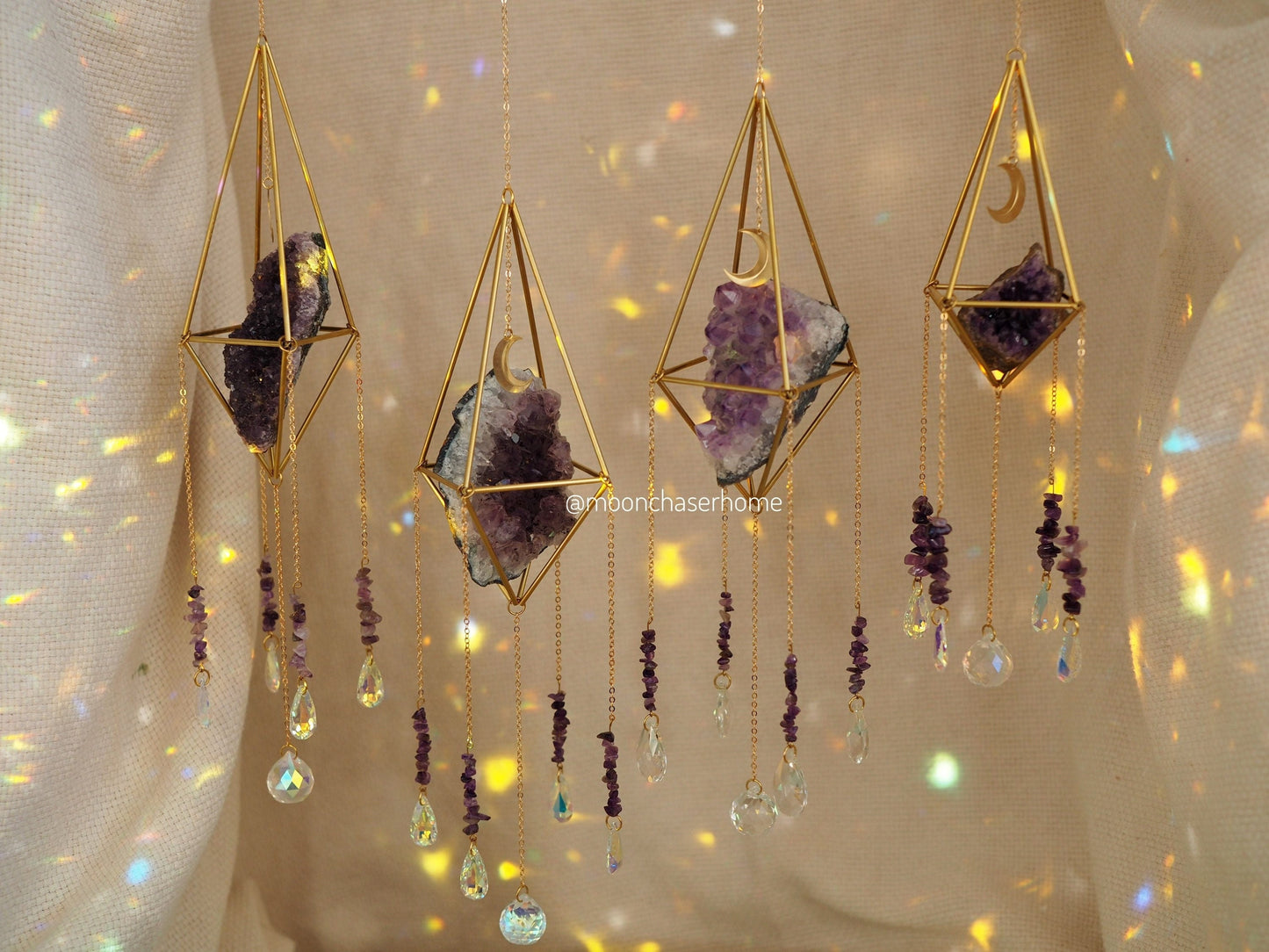 Luna&Amethyst druzy crystal sun catcher with moon, rainbow prism, housewarming gifts, rainbow maker, geometric sun catcher, air plant holder