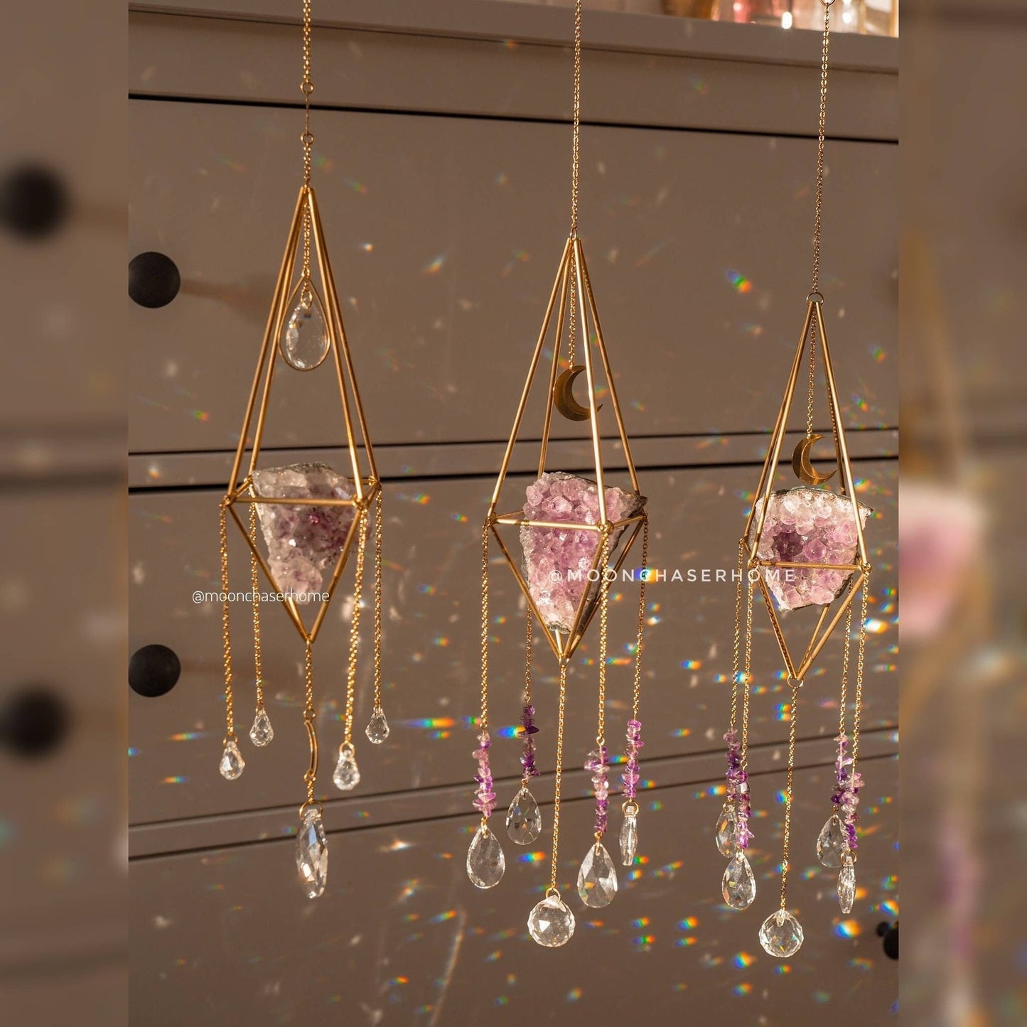 Luna&Amethyst druzy crystal sun catcher with moon, rainbow prism, housewarming gifts, rainbow maker, geometric sun catcher, air plant holder