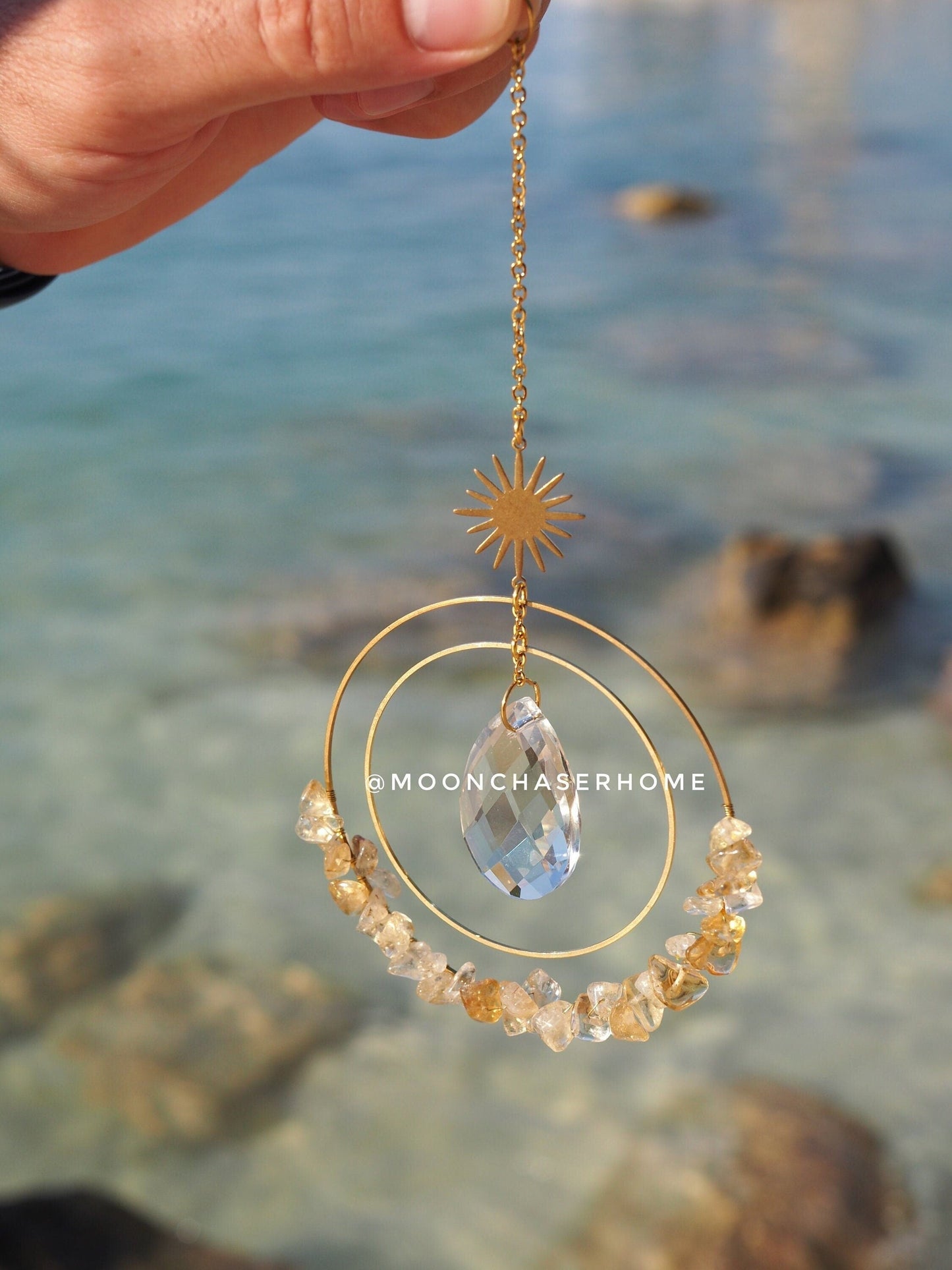 Aziza suncatcher with gold plated SUN and glass beads, crystal car charm, rainbow prism, light diffuser,boho home decoration, gift idea for