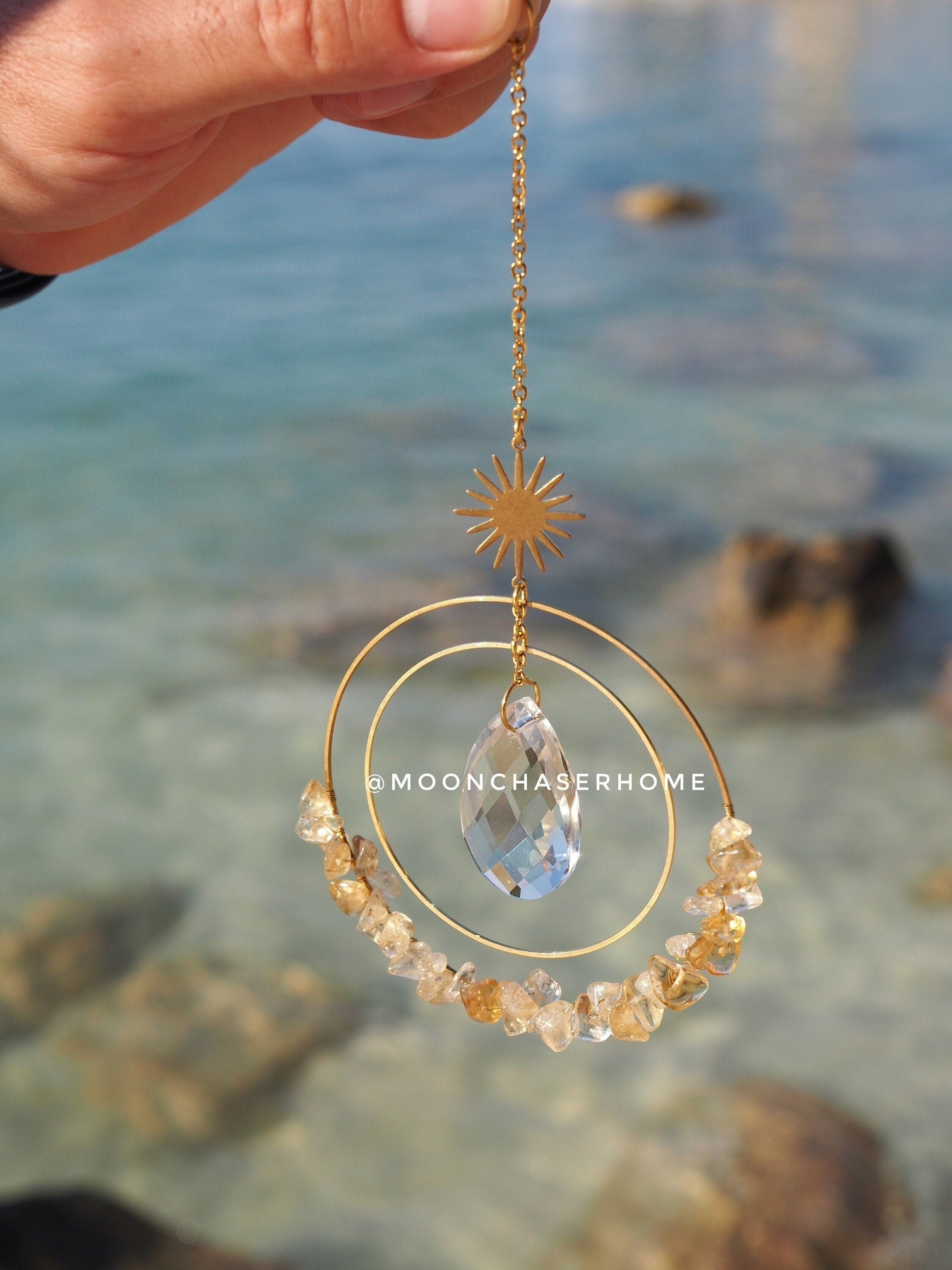 Aziza suncatcher with gold plated SUN and glass beads, crystal car charm, rainbow prism, light diffuser,boho home decoration, gift idea for