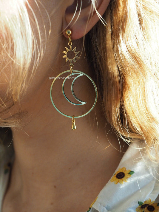 18K Gold Plated hoop earring with moon, boho earring, boho earrings, boheman jewelry,Birthday gift,gift for woman, celestial earring