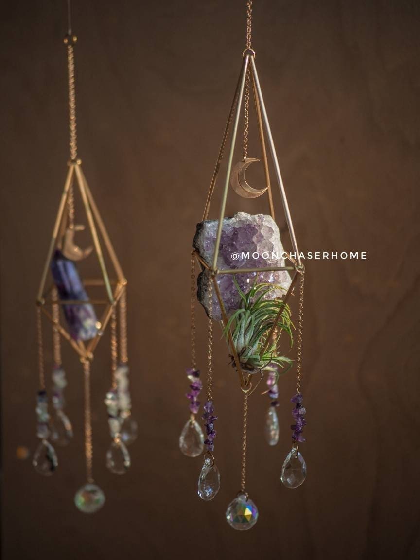 Luna&Amethyst druzy crystal sun catcher with moon, rainbow prism, housewarming gifts, rainbow maker, geometric sun catcher, air plant holder