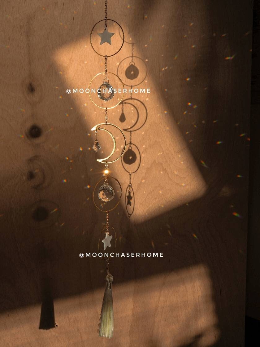 Celestial brass moon&stars long sun catcher with shell stars, gift for girls, rainbow prism, light diffuser, fairy decor,
