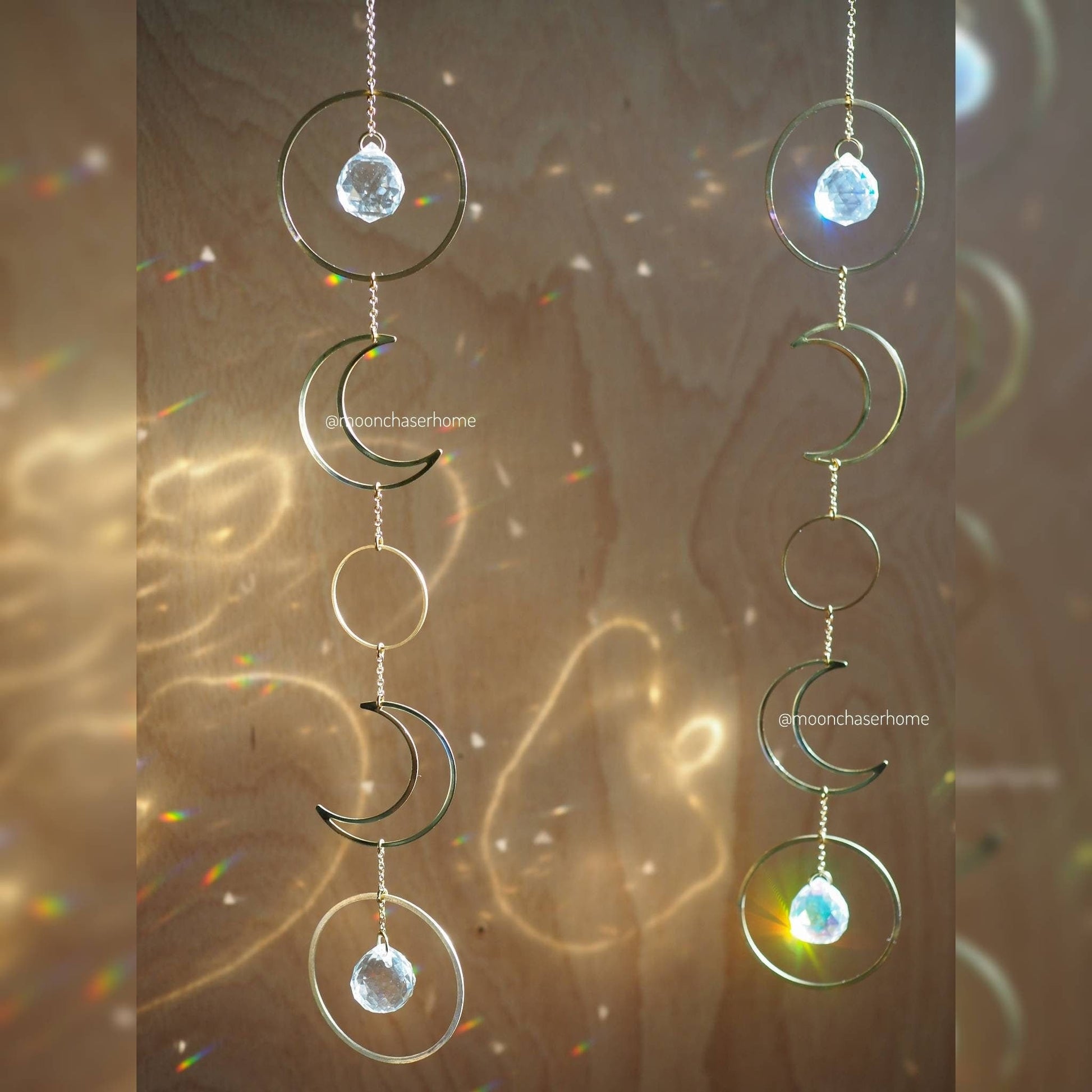 Luna crystal sun catcher with brass moons, rainbow prism, light diffuser, boho home decoration, housewarming gift