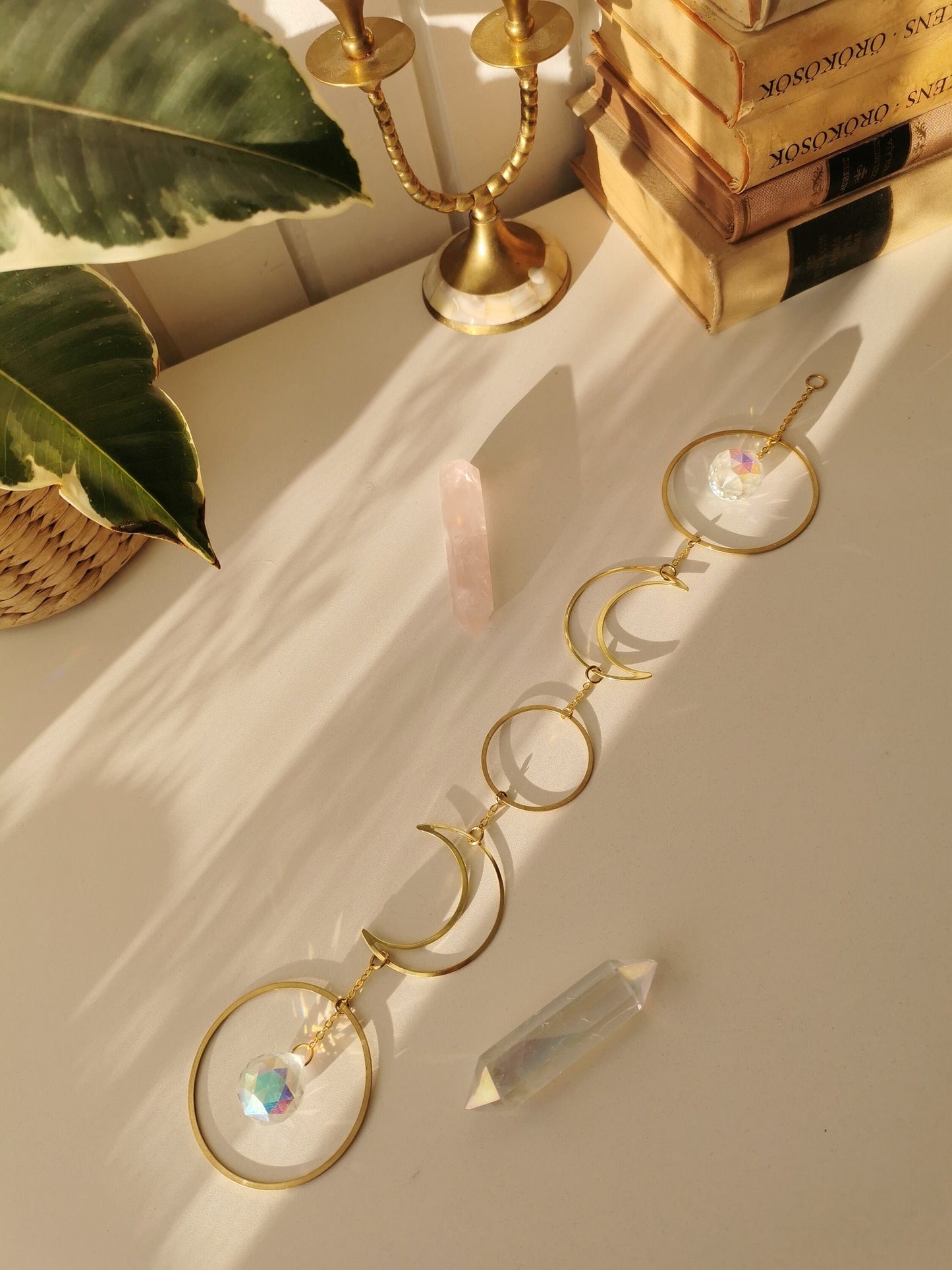 Luna crystal sun catcher with brass moons, rainbow prism, light diffuser, boho home decoration, housewarming gift