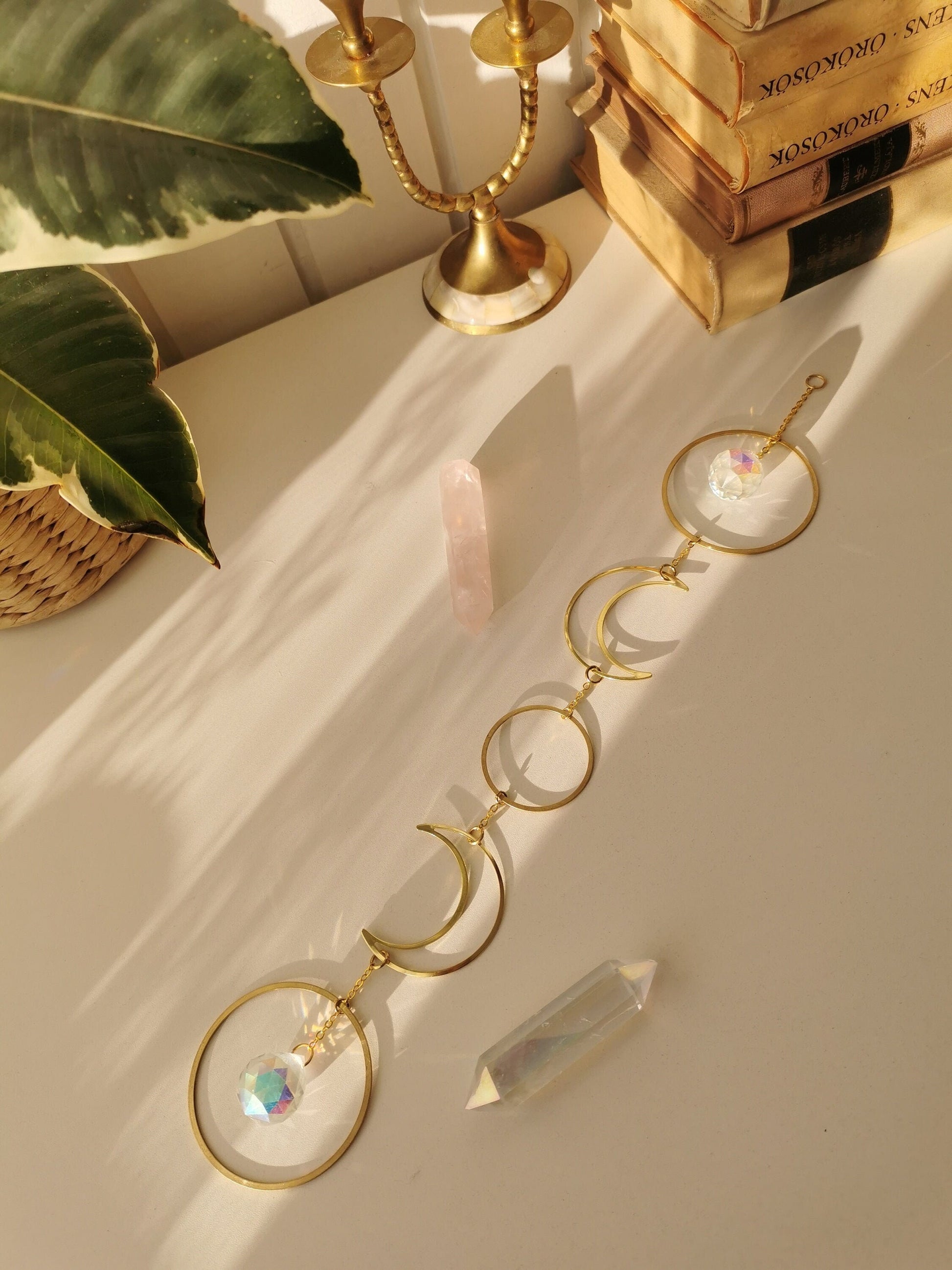 Luna crystal sun catcher with brass moons, rainbow prism, light diffuser, boho home decoration, housewarming gift