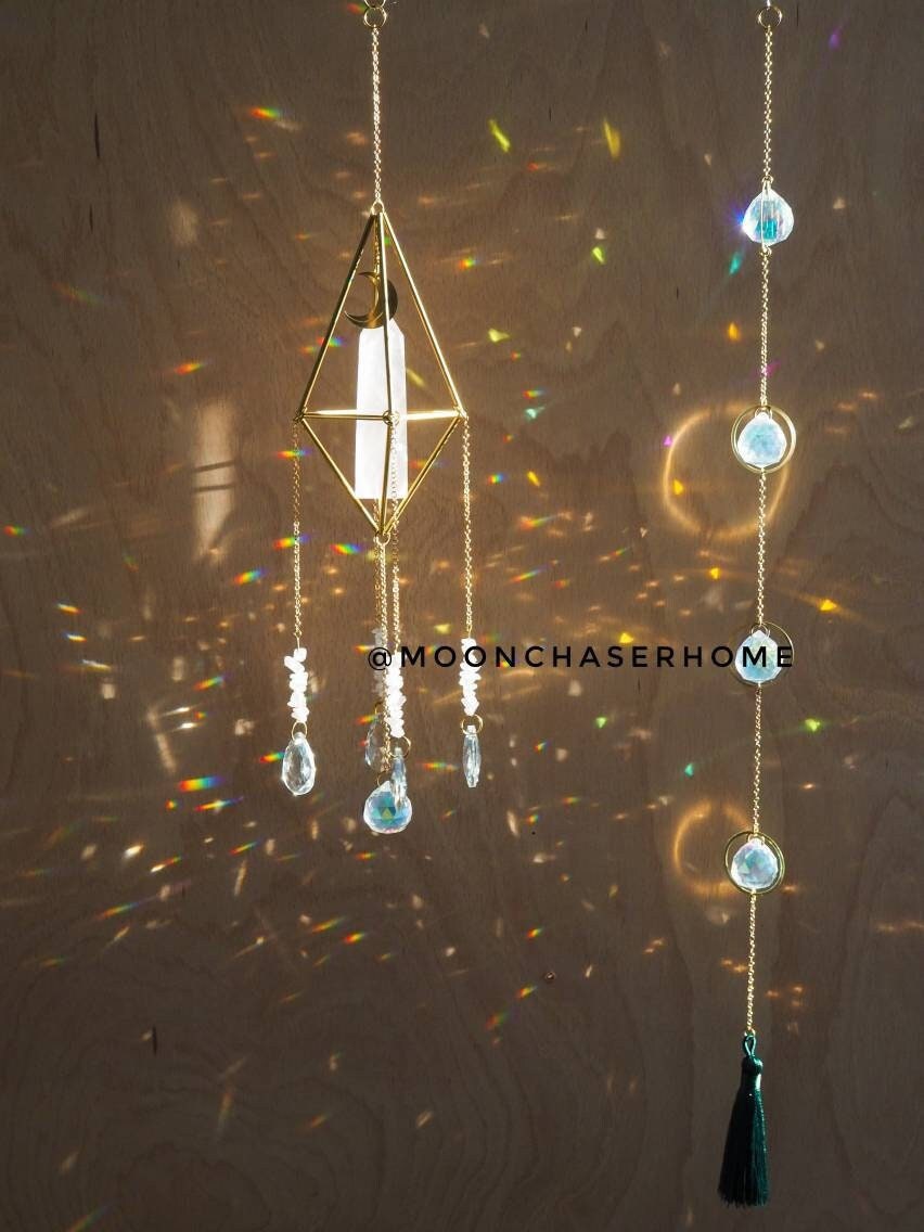 Rose quartz crystal sun catcher with moon pendant, rainbow prism, light diffuser, home decoration, housewarming gift, birthday gift