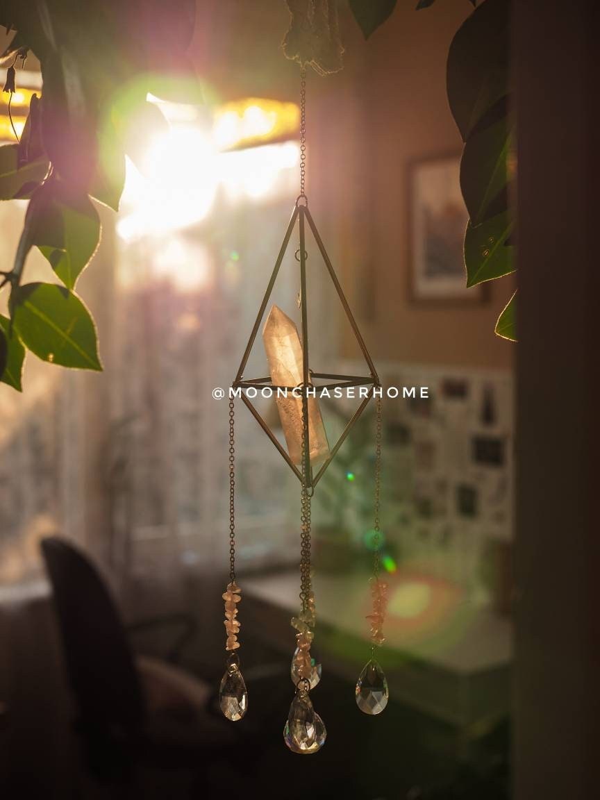 Rose quartz crystal sun catcher with moon pendant, rainbow prism, light diffuser, home decoration, housewarming gift, birthday gift