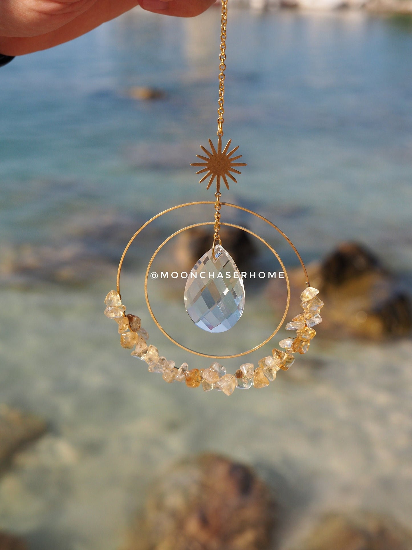 Aziza suncatcher with gold plated SUN and glass beads, crystal car charm, rainbow prism, light diffuser,boho home decoration, gift idea for