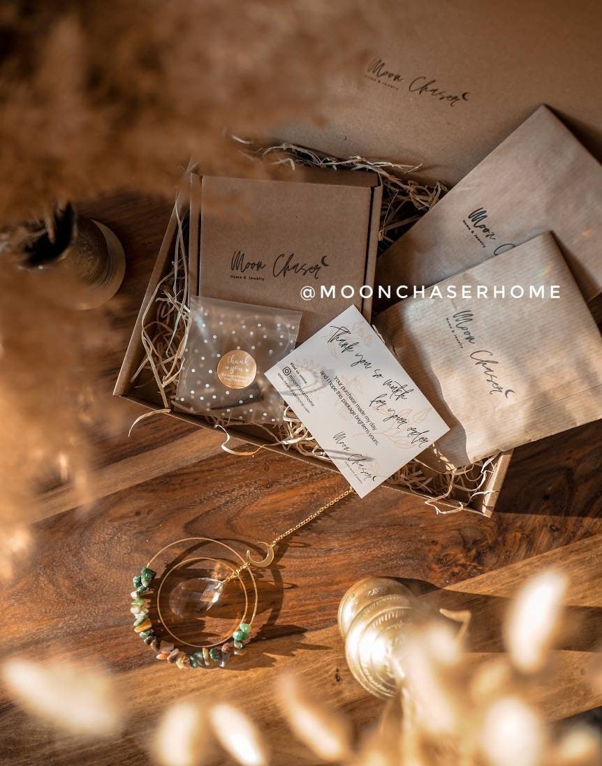 Leela long crystal sun catcher with moon pendant, rainbow prism, light maker, rainbow maker, geometric sun catcher