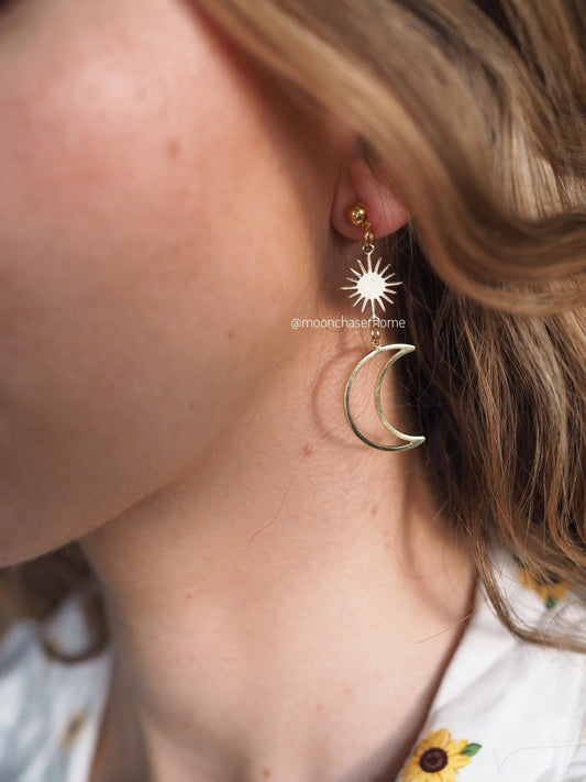 18K Gold Plated sun&moon earrings, boho earring, long earrings, boheman jewelry,Birthday gift,gift for woman, moon earring,celestial jewelry
