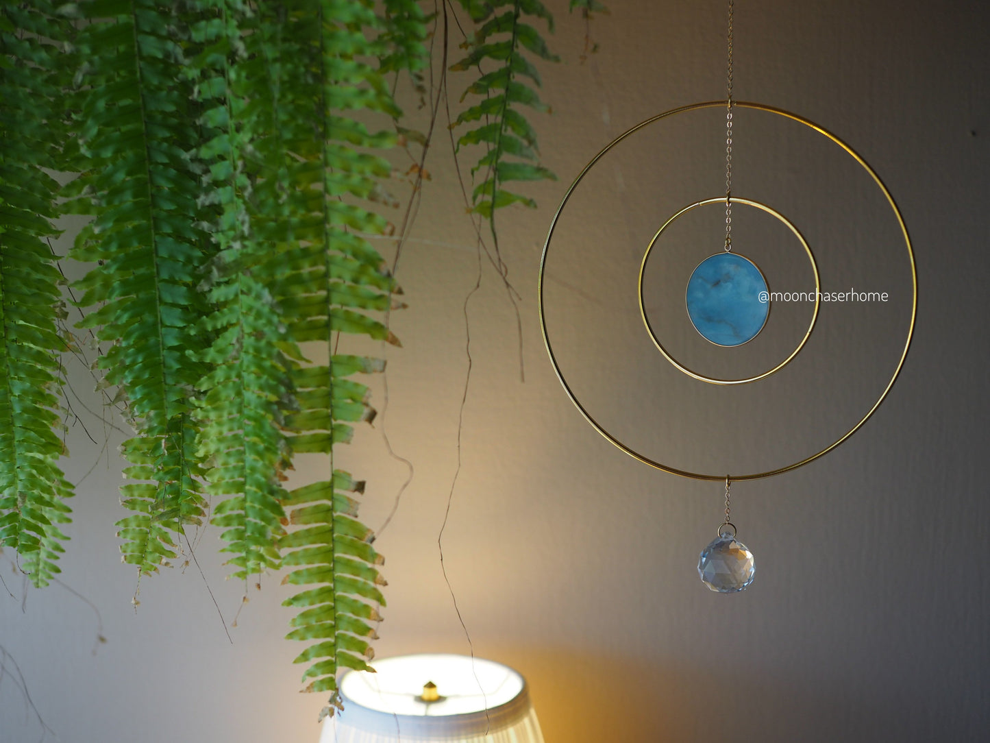 Anila-Big 19cm/7,4″ gold circle sun catcher mobile with natural crystals, amazonite, labradorite, rose quartz