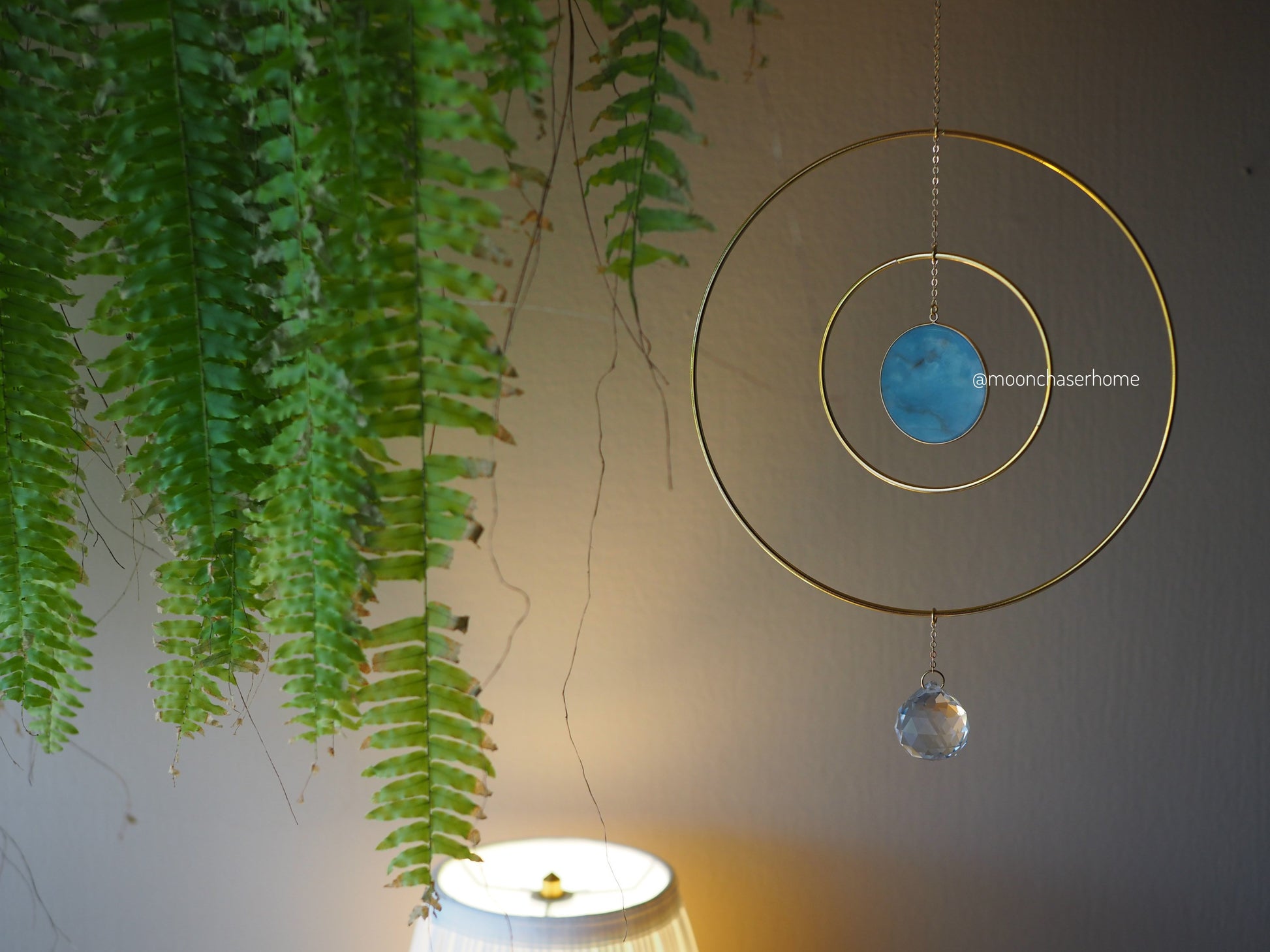 Anila-Big 19cm/7,4″ gold circle sun catcher mobile with natural crystals, amazonite, labradorite, rose quartz