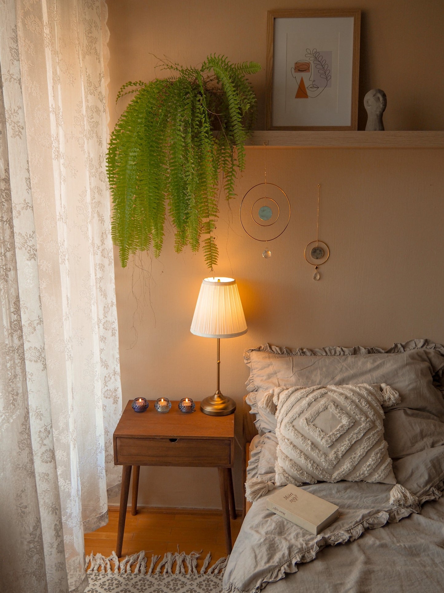 Anila-Big 19cm/7,4″ gold circle sun catcher mobile with natural crystals, amazonite, labradorite, rose quartz