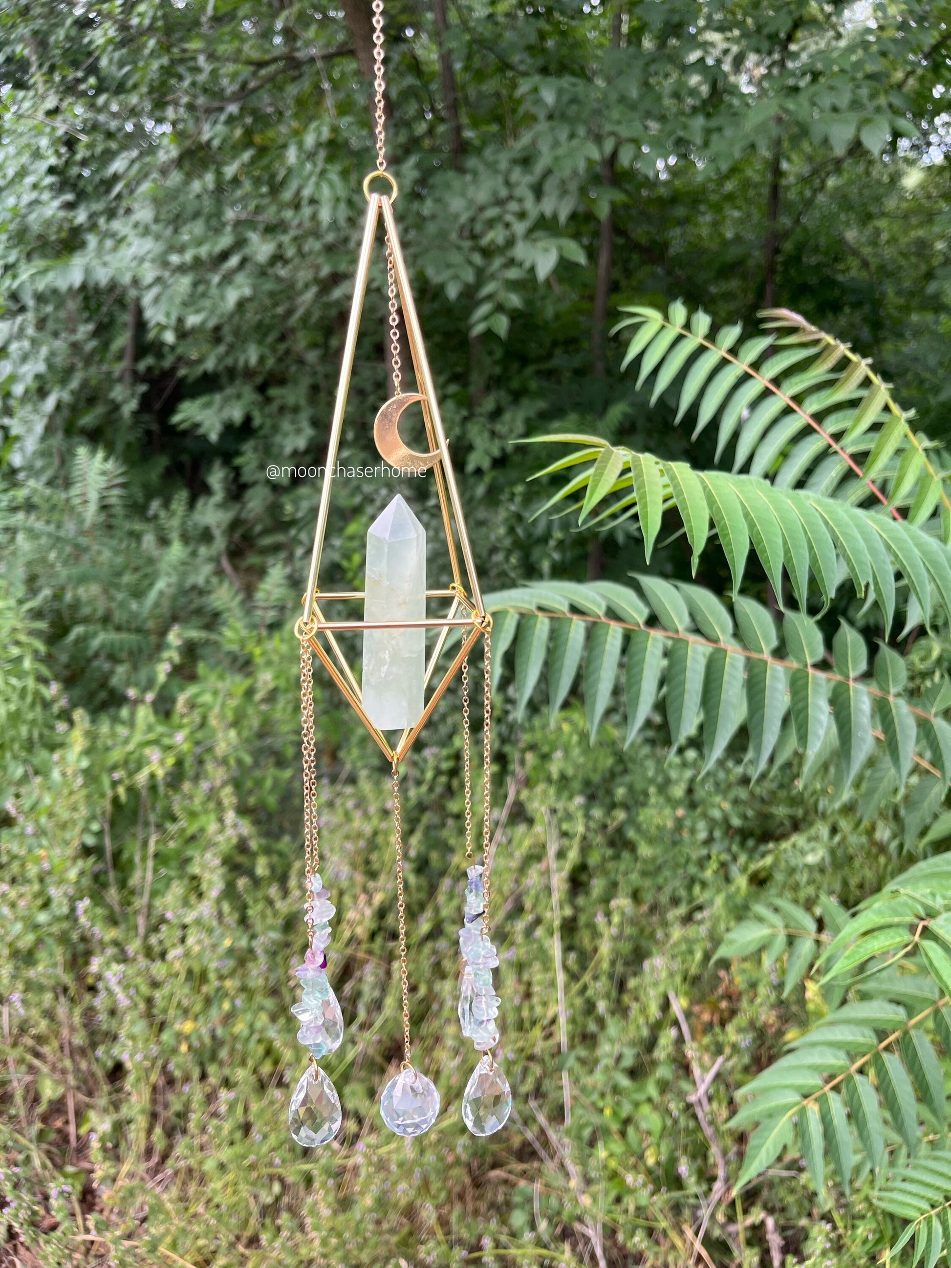 Luna&Fluorite crystal sun catcher with moon charm, rainbow prism, light diffuser, rainbow maker, geometric sun catcher