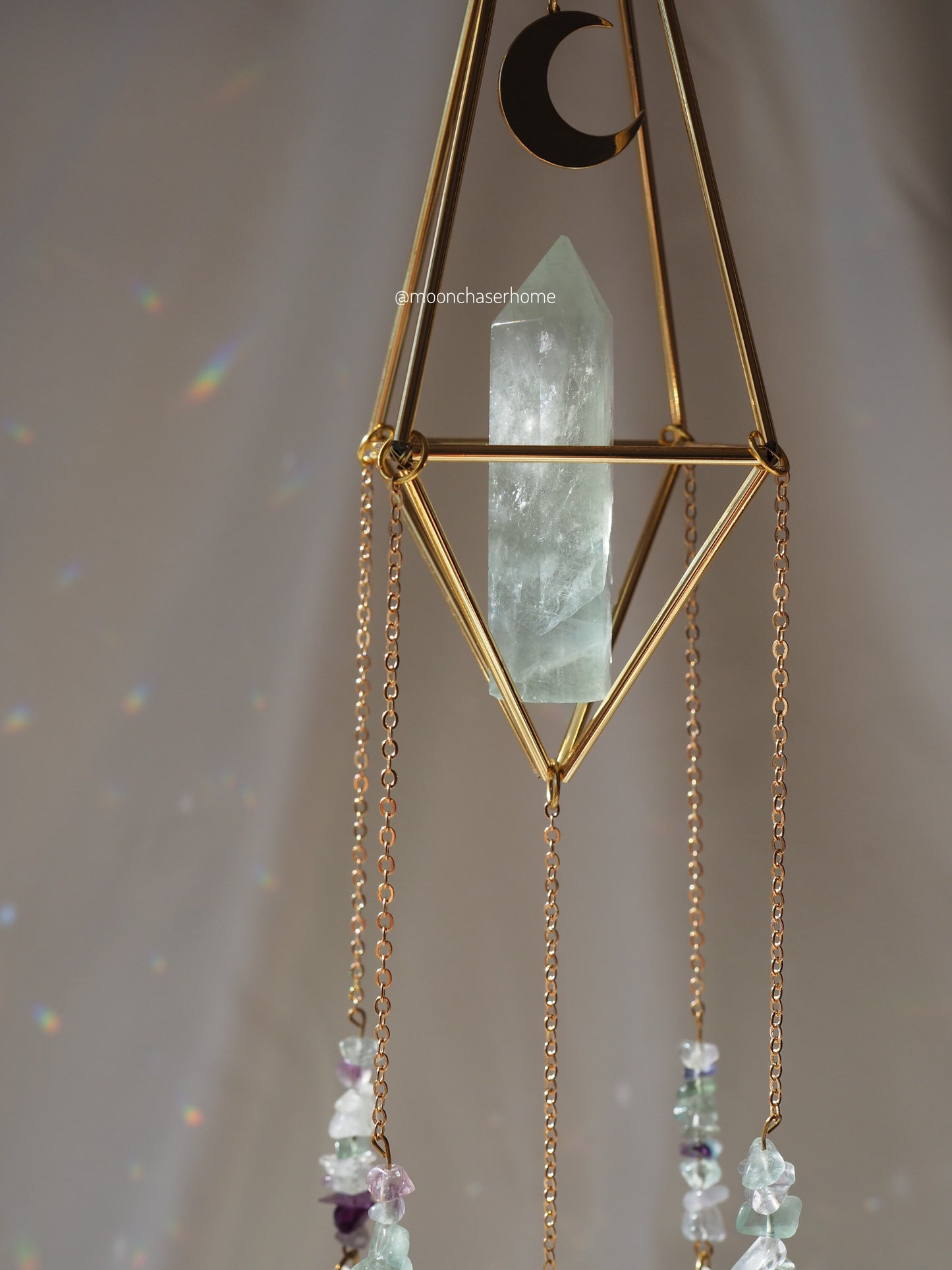 Luna&Fluorite crystal sun catcher with moon charm, rainbow prism, light diffuser, rainbow maker, geometric sun catcher