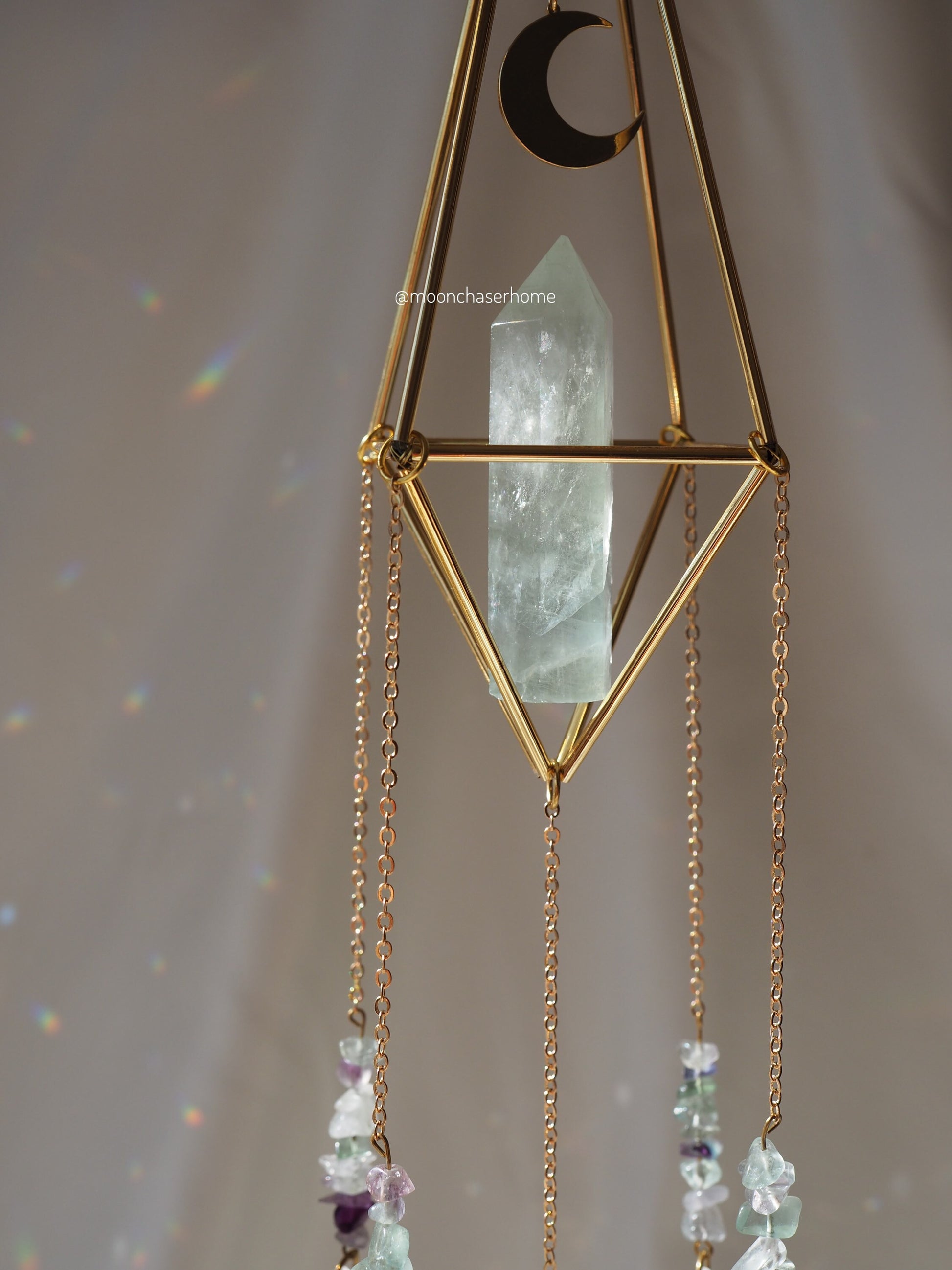 Luna&Fluorite crystal sun catcher with moon charm, rainbow prism, light diffuser, rainbow maker, geometric sun catcher