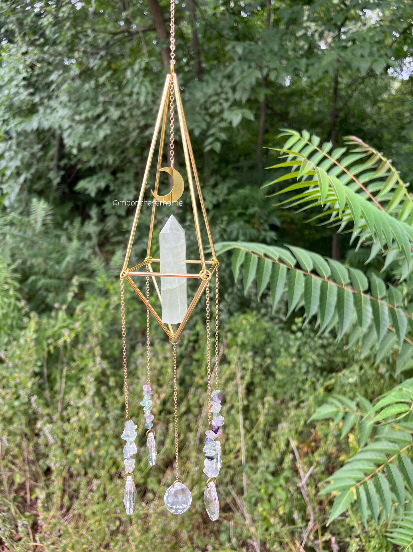 Luna&Fluorite crystal sun catcher with moon charm, rainbow prism, light diffuser, rainbow maker, geometric sun catcher