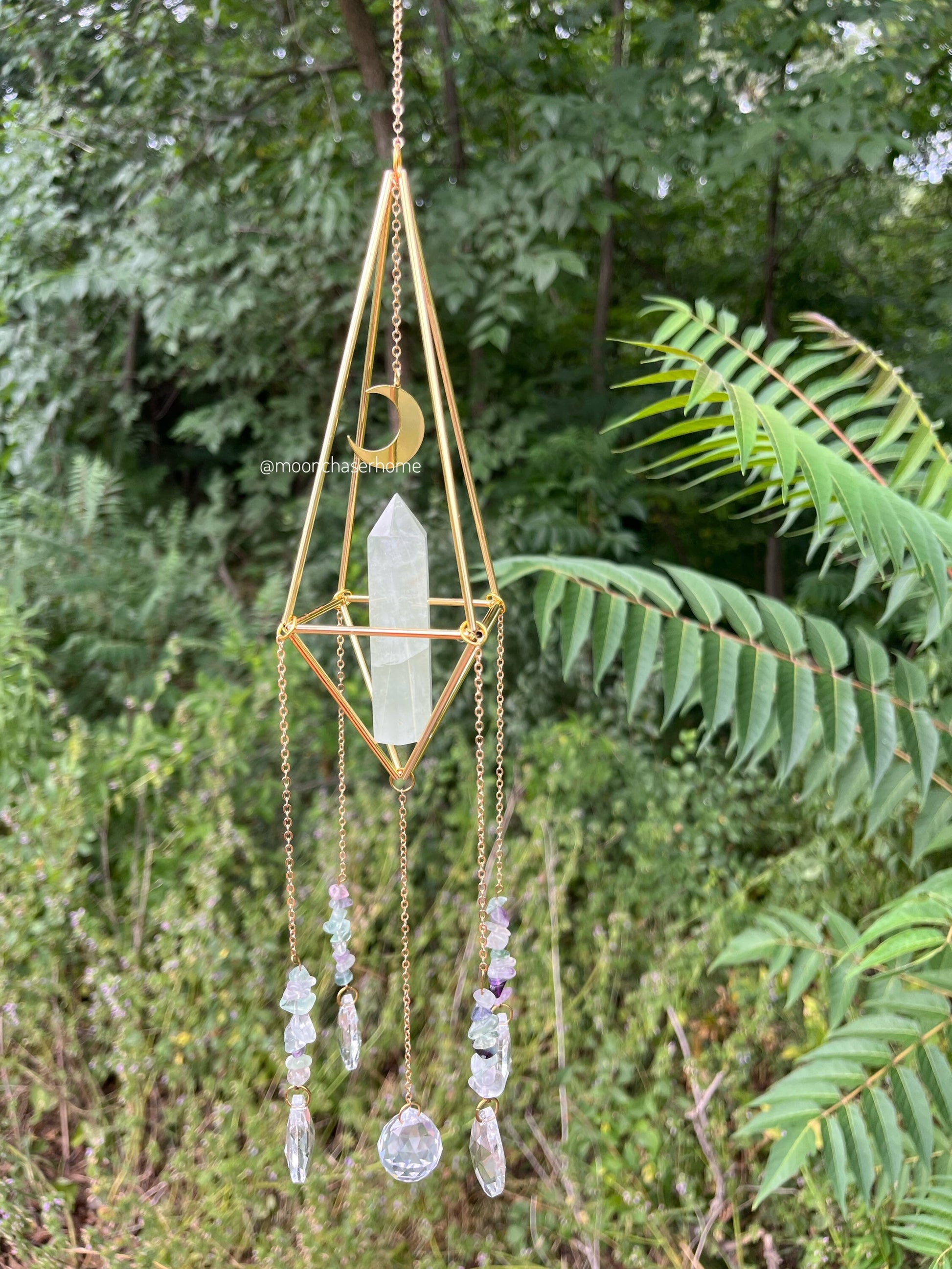 Luna&Fluorite crystal sun catcher with moon charm, rainbow prism, light diffuser, rainbow maker, geometric sun catcher