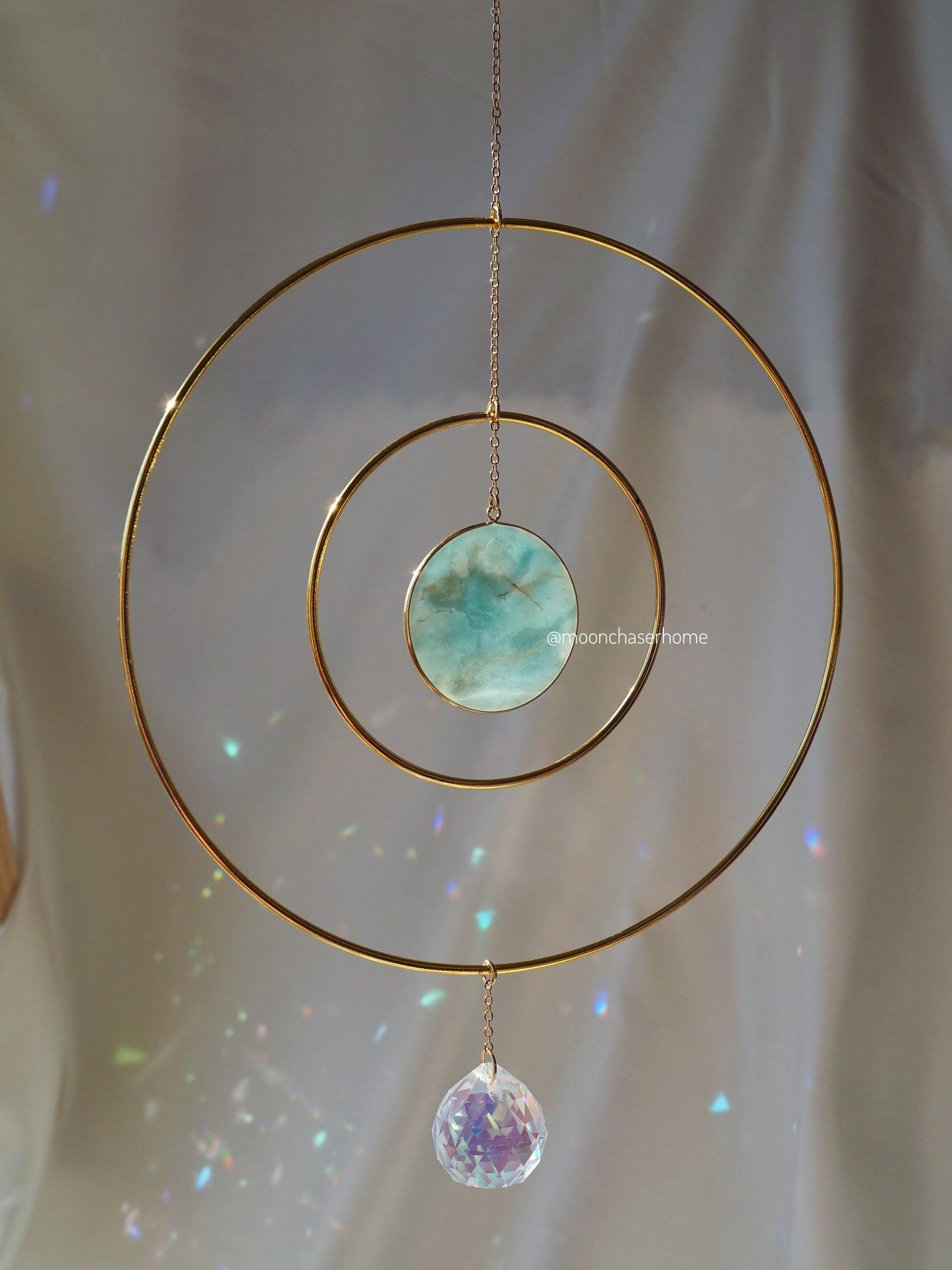 Anila-Big 19cm/7,4″ gold circle sun catcher mobile with natural crystals, amazonite, labradorite, rose quartz