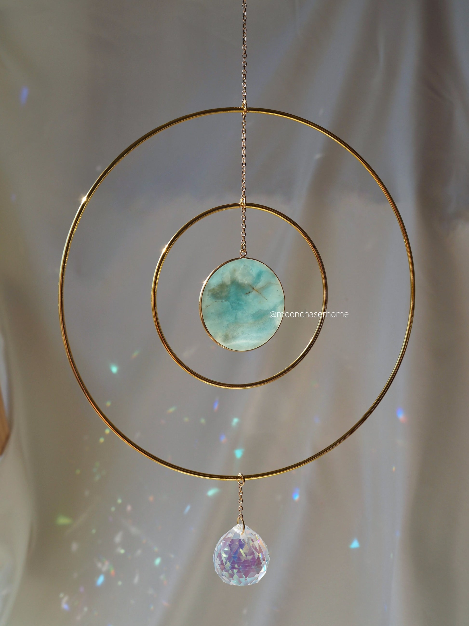 Anila-Big 19cm/7,4″ gold circle sun catcher mobile with natural crystals, amazonite, labradorite, rose quartz