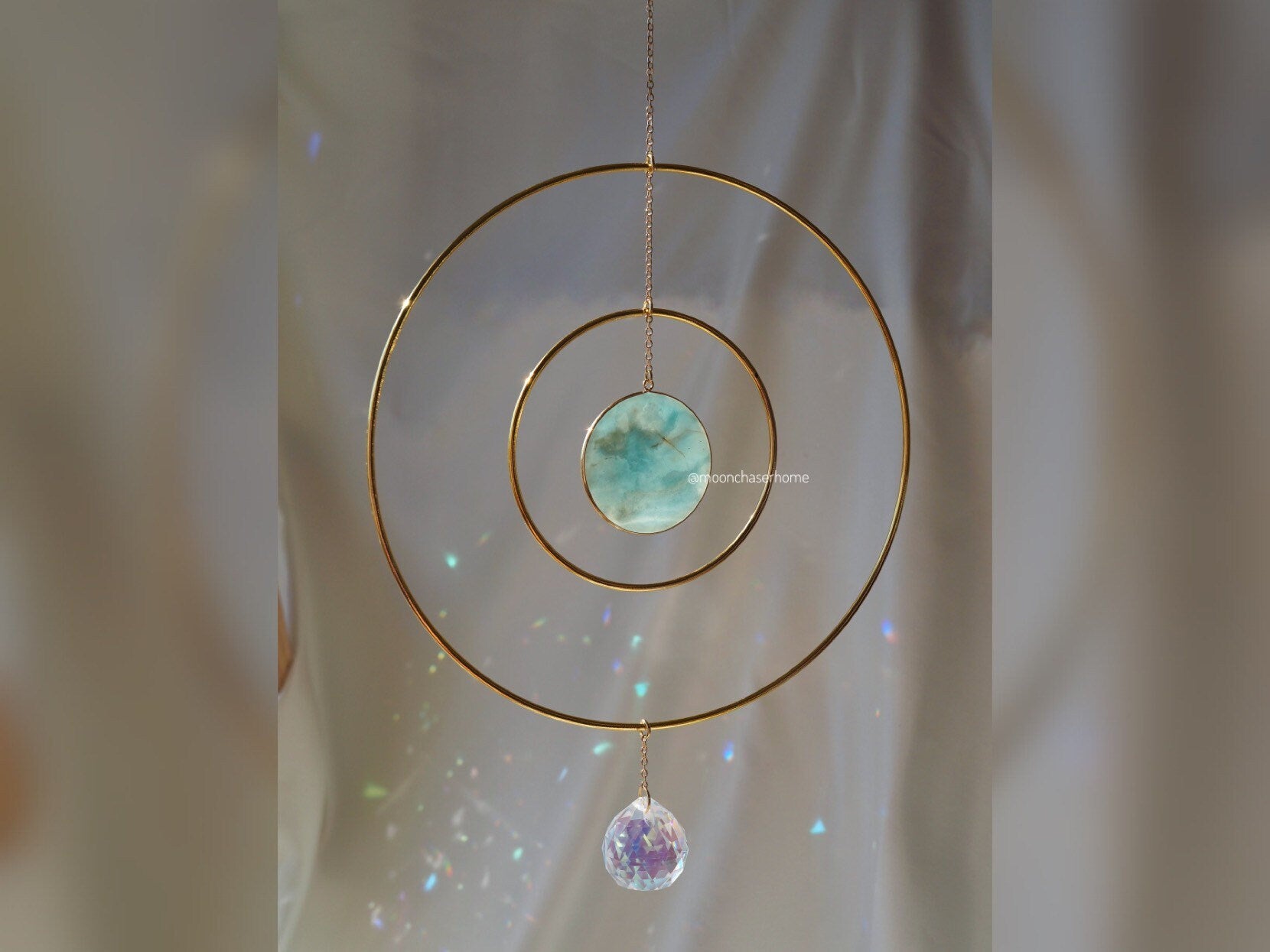 Anila-Big 19cm/7,4″ gold circle sun catcher mobile with natural crystals, amazonite, labradorite, rose quartz