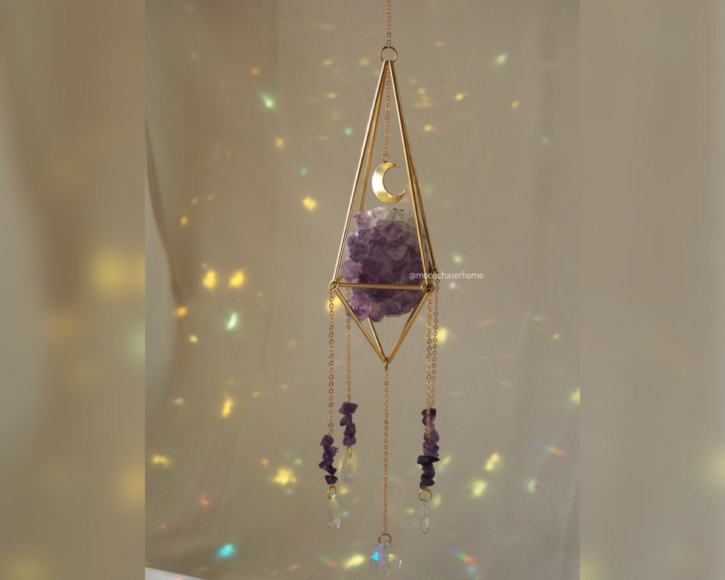 Luna&Amethyst druzy crystal sun catcher with moon, rainbow prism, housewarming gifts, rainbow maker, geometric sun catcher, air plant holder