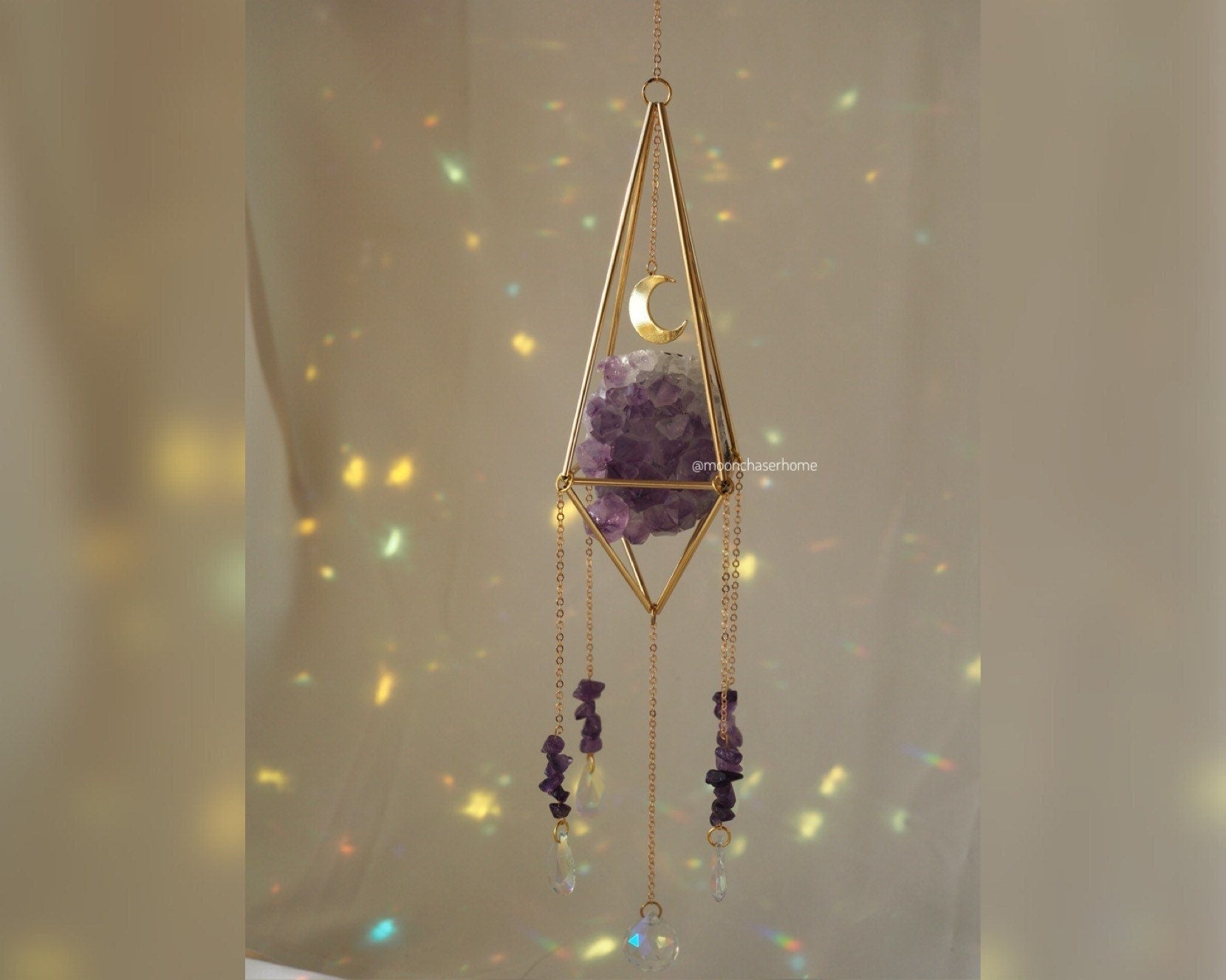 Luna&Amethyst druzy crystal sun catcher with moon, rainbow prism, housewarming gifts, rainbow maker, geometric sun catcher, air plant holder