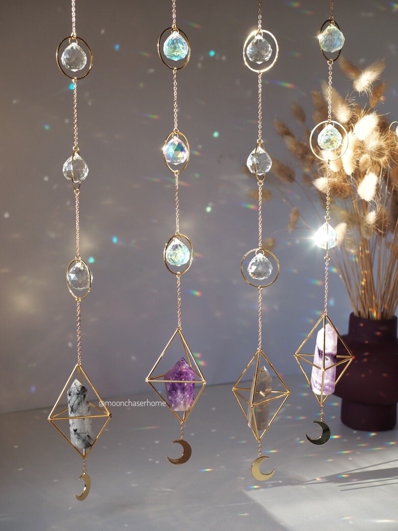 Leela long crystal sun catcher with moon pendant, rainbow prism, light maker, rainbow maker, geometric sun catcher