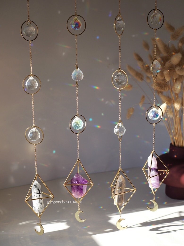 Leela long crystal sun catcher with moon pendant, rainbow prism, light maker, rainbow maker, geometric sun catcher