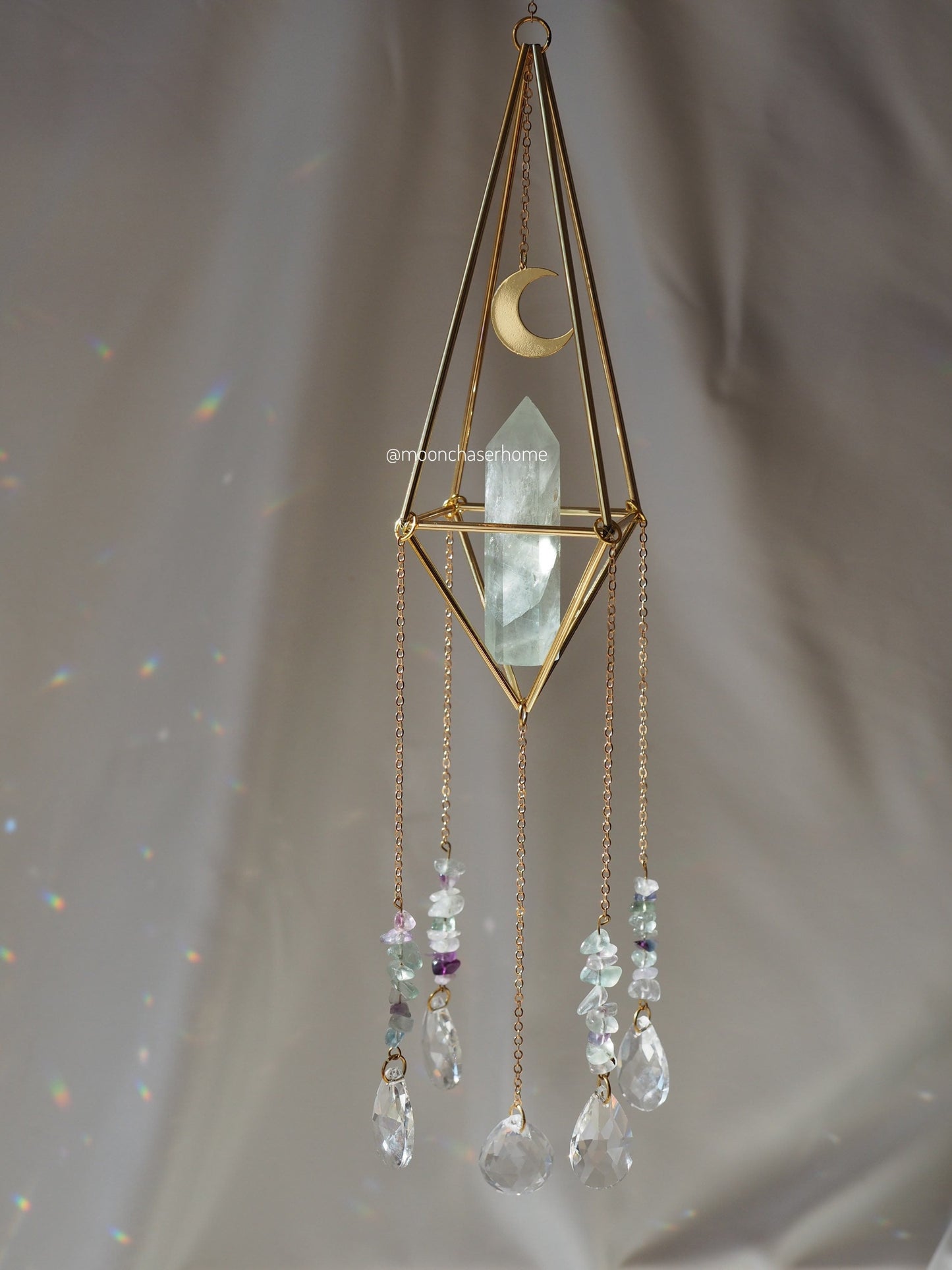 Luna&Fluorite crystal sun catcher with moon charm, rainbow prism, light diffuser, rainbow maker, geometric sun catcher