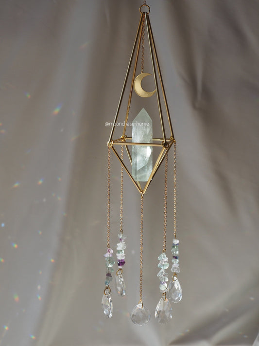 Luna&Fluorite crystal sun catcher with moon charm, rainbow prism, light diffuser, rainbow maker, geometric sun catcher