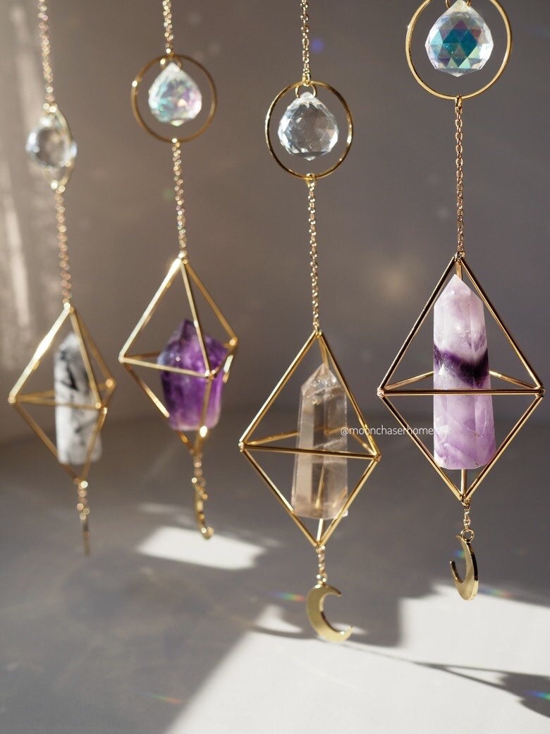 Leela long crystal sun catcher with moon pendant, rainbow prism, light maker, rainbow maker, geometric sun catcher