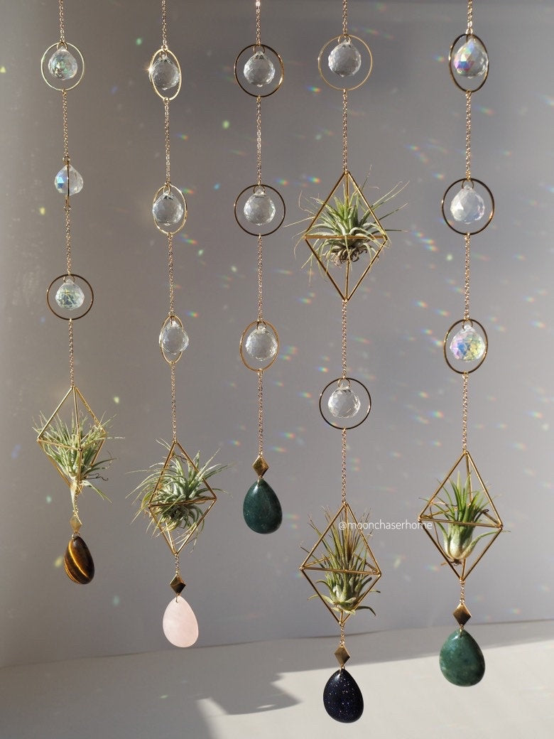 Haniwa-Himmeli double air plant holder 18K GOLD PLATED long sun catcher, rainbow prism, gift for her,Birthday gift