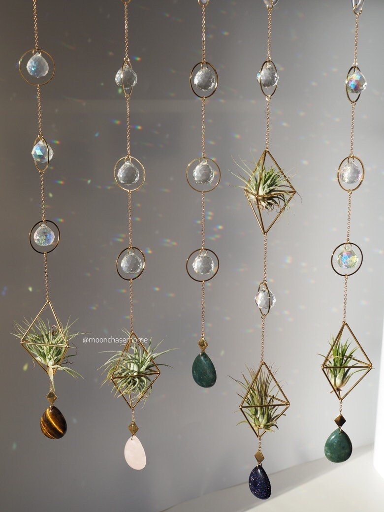 Haniwa-Himmeli double air plant holder 18K GOLD PLATED long sun catcher, rainbow prism, gift for her,Birthday gift