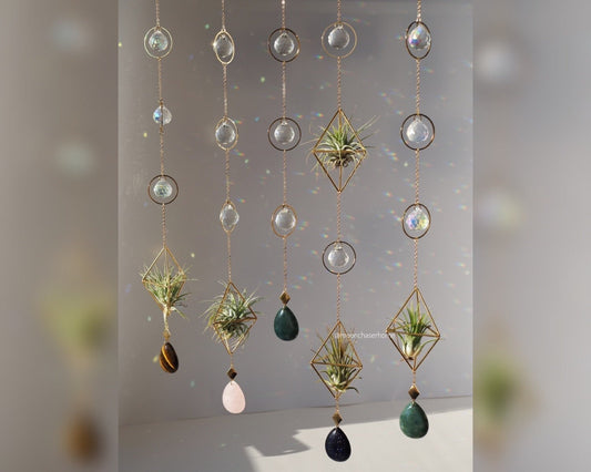 Haniwa-Himmeli double air plant holder 18K GOLD PLATED long sun catcher, rainbow prism, gift for her,Birthday gift