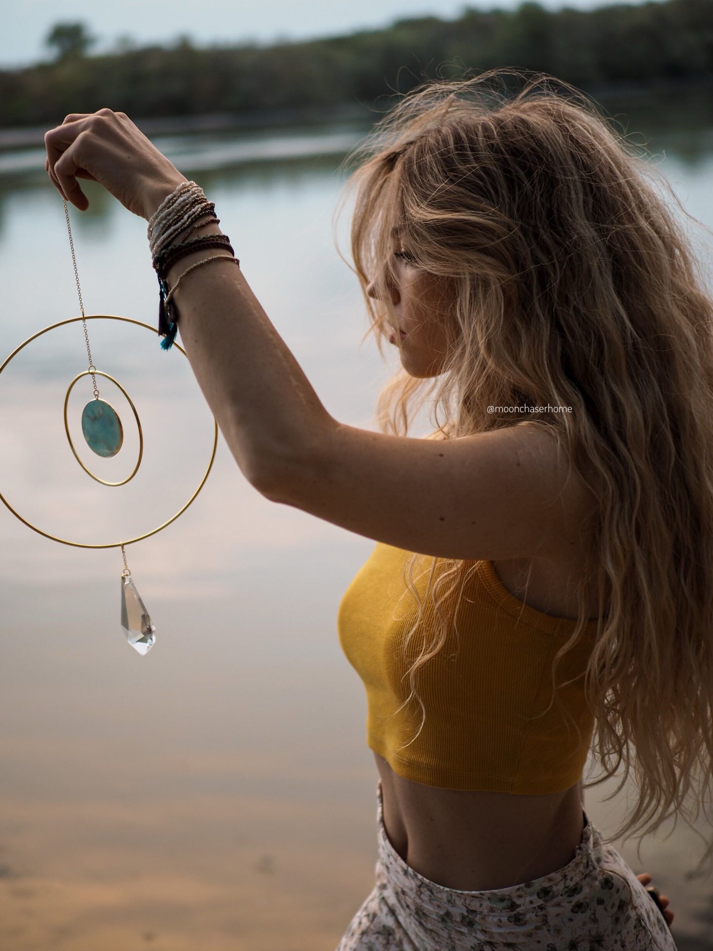 Anila-Big 19cm/7,4″ gold circle sun catcher mobile with natural crystals, amazonite, labradorite, rose quartz