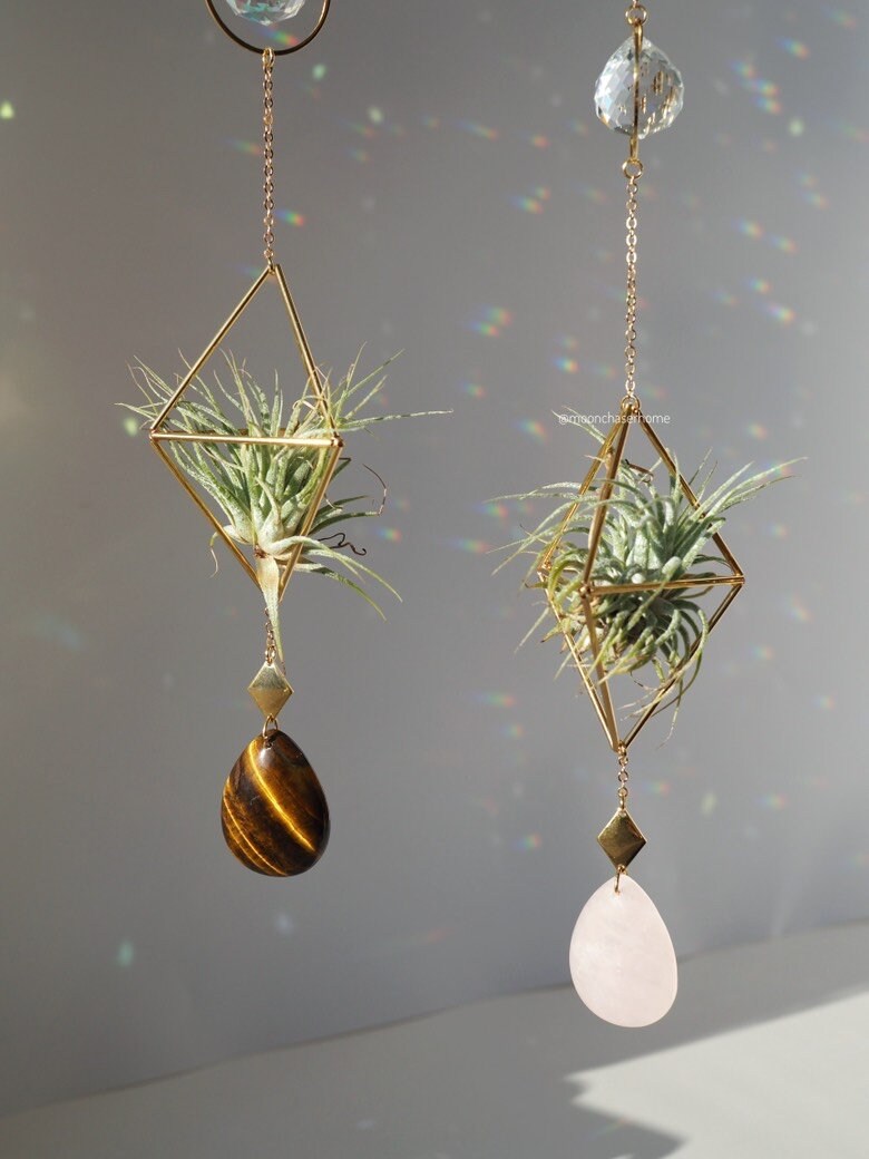Haniwa-Himmeli double air plant holder 18K GOLD PLATED long sun catcher, rainbow prism, gift for her,Birthday gift