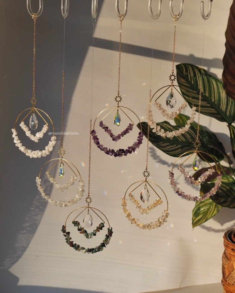 Sashta-suncatcher with natural gemstones- 24K real GOLD PLATED sun car charm, birthday gift, crystal hanging,sun catcher, housewarming gift
