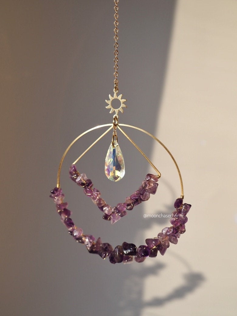 Sashta-suncatcher with natural gemstones- 24K real GOLD PLATED sun car charm, birthday gift, crystal hanging,sun catcher, housewarming gift