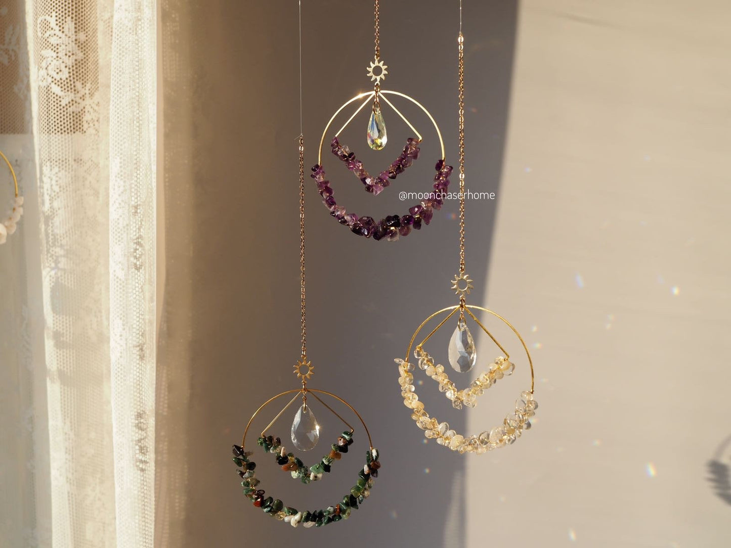 Sashta-suncatcher with natural gemstones- 24K real GOLD PLATED sun car charm, birthday gift, crystal hanging,sun catcher, housewarming gift