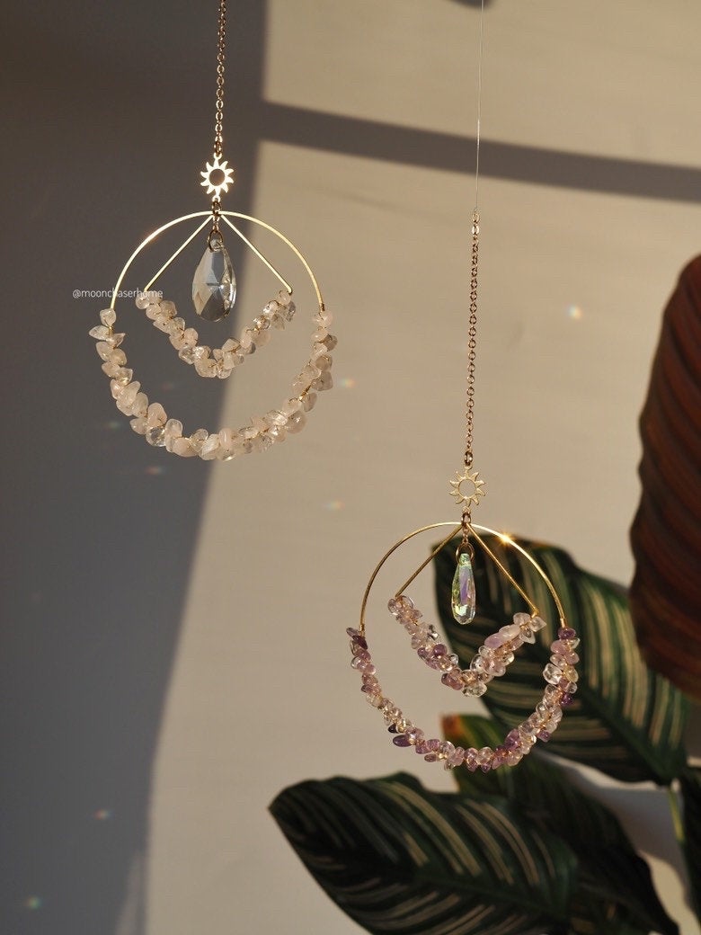 Sashta-suncatcher with natural gemstones- 24K real GOLD PLATED sun car charm, birthday gift, crystal hanging,sun catcher, housewarming gift