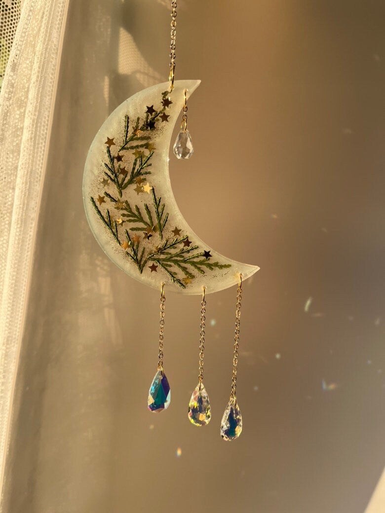 Christmas epoxy suncatcher, holiday gift, Christmas home decor, prism, rainbow maker, botanical sun catcher, moon,Christmas gift for woman