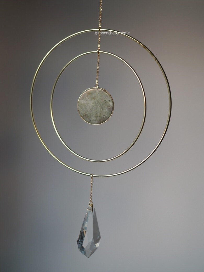 Anila-Big 19cm/7,4″ gold circle sun catcher mobile with natural crystals, amazonite, labradorite, rose quartz