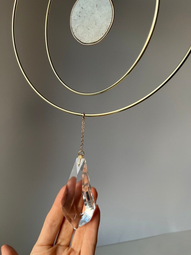 Anila-Big 19cm/7,4″ gold circle sun catcher mobile with natural crystals, amazonite, labradorite, rose quartz