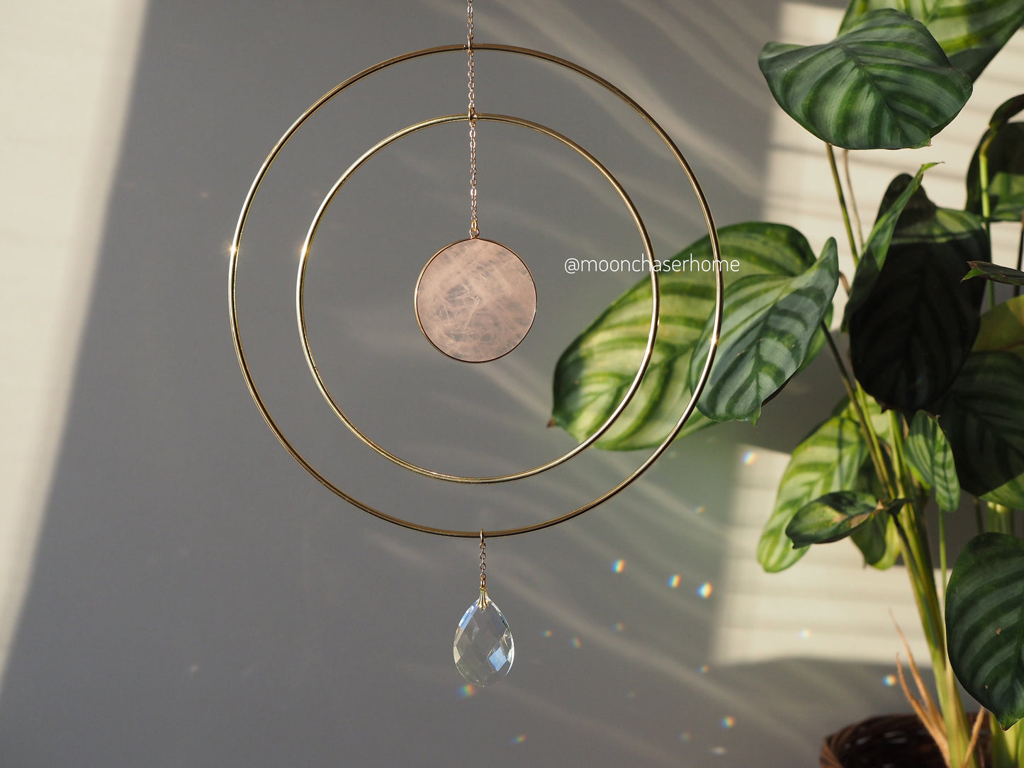 Anila-Big 19cm/7,4″ gold circle sun catcher mobile with natural crystals, amazonite, labradorite, rose quartz